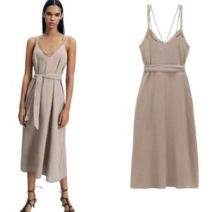 Zara Tan Taupe Gauze Strappy Tie Waist Belted Midi Slip Dress - S
